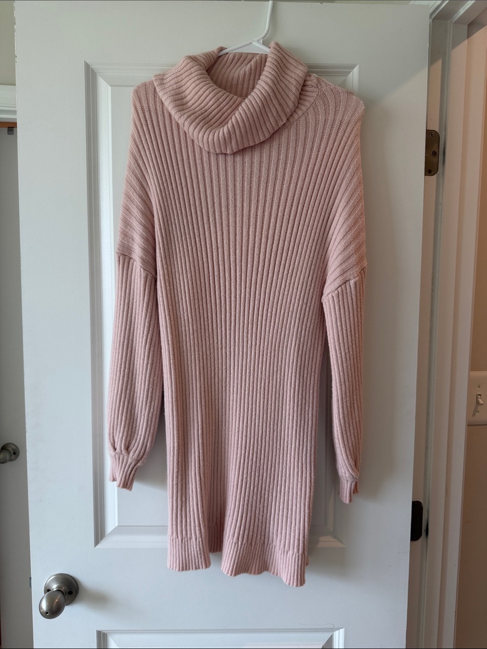 Cozy Blush Cowl-Neck Ribbed Sweater Dress